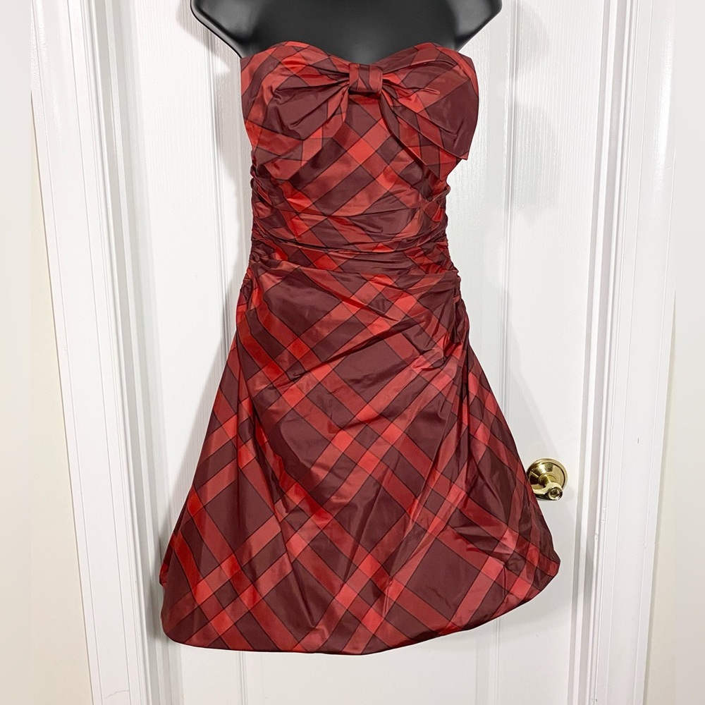 Y2K VTG Kay Unger SILK Plaid Taffeta Bow Front Strapless Bubble Dress Red Size 4